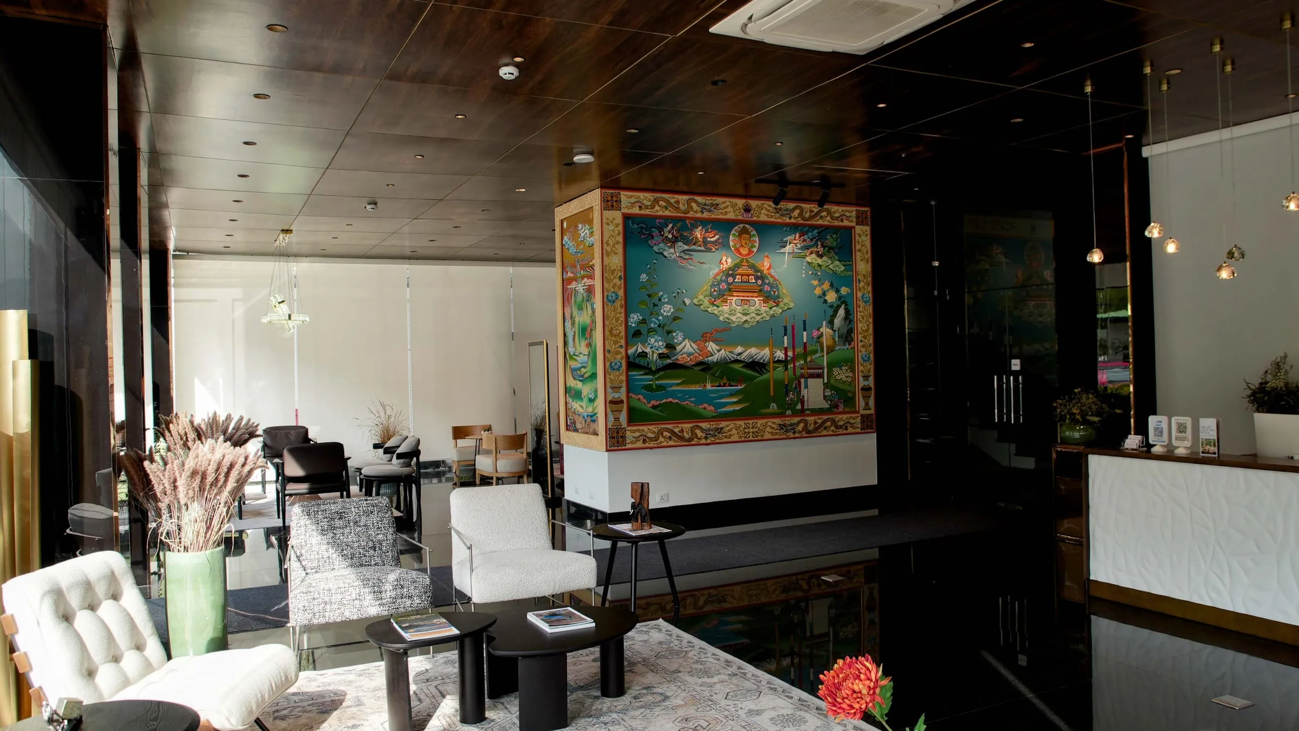 A hand-painted Bhutanese mural in the hotel lobby